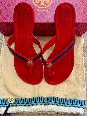 Tory Burch Maritime Thong Sandal Nantucket Red Navy Sea Veg Nappa Size 8.5